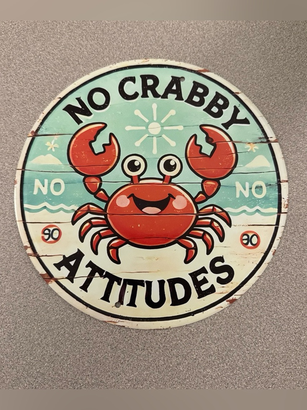 No Crabby Attitudes Round Wall Sign - Red Crab Coastal Decor